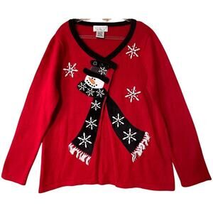 Mandal Bay Womans L Snowman Cardigan Red Christmas Sweater Holiday Frosty Ugly